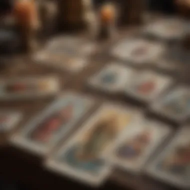 A close-up of tarot cards spread out on a table