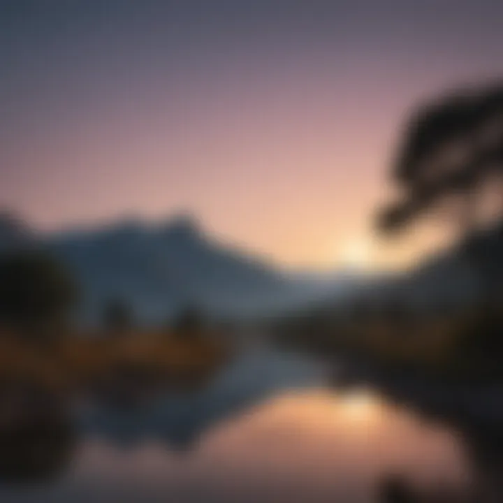 A tranquil landscape at dusk with the new moon setting on the horizon