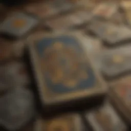 A close-up of tarot cards spread on a table, showcasing intricate designs and symbolism.
