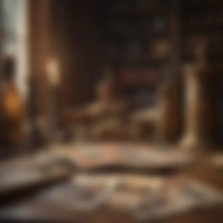 An ancient tarot deck displayed with historical context, surrounded by books and artifacts.