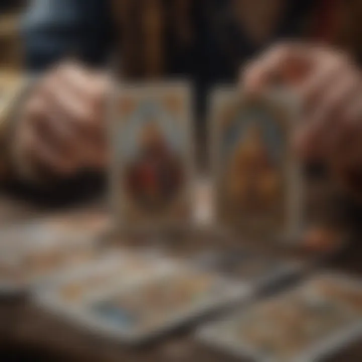 A close-up of tarot cards being shuffled with an intricate design