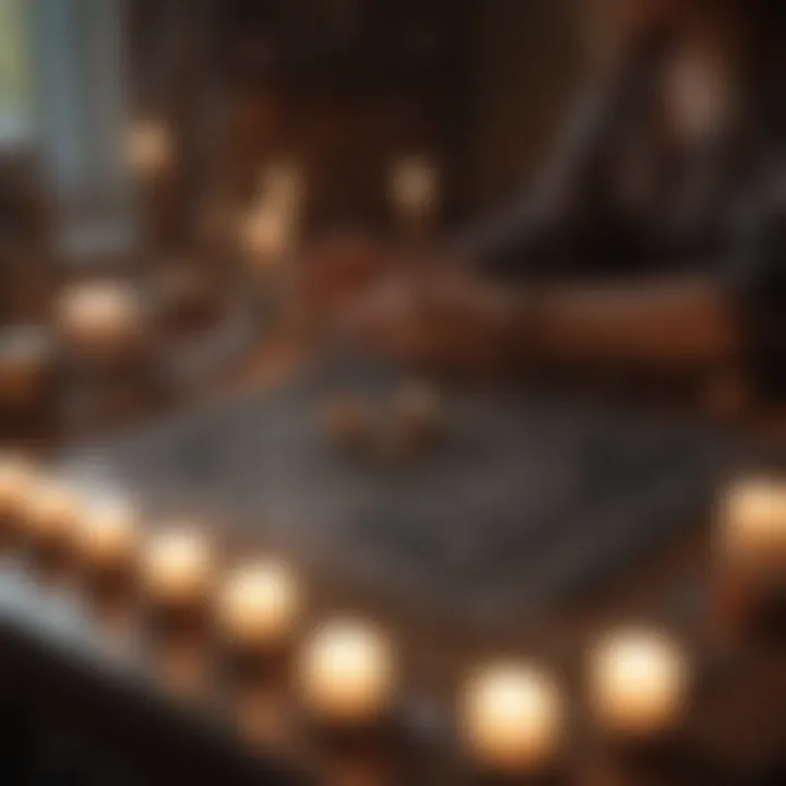 A serene environment with candles and crystals, creating a calming space for tarot readings.