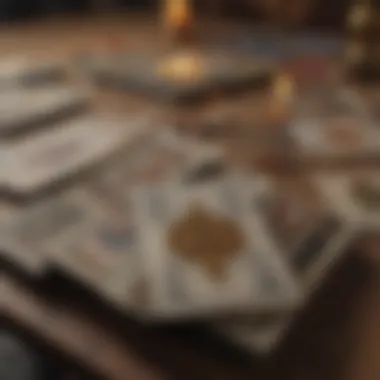 Close-up of tarot cards spread on a table