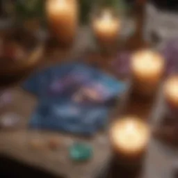 A serene setup of Heal Yourself Oracle Cards spread on a table with crystals and candles.