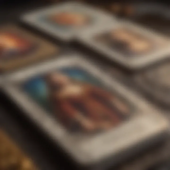 Close-up of tarot cards related to love and relationships