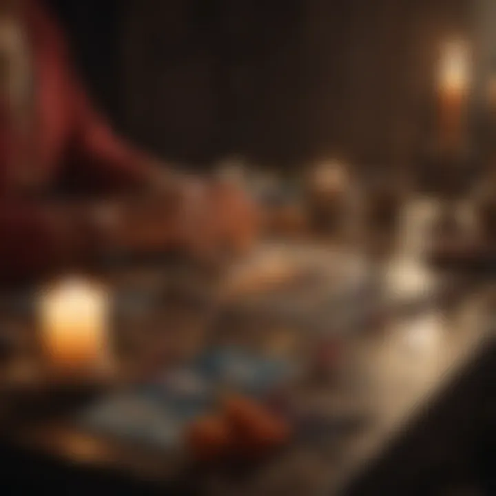 A mystical scene depicting a tarot reading in progress with candles and crystals