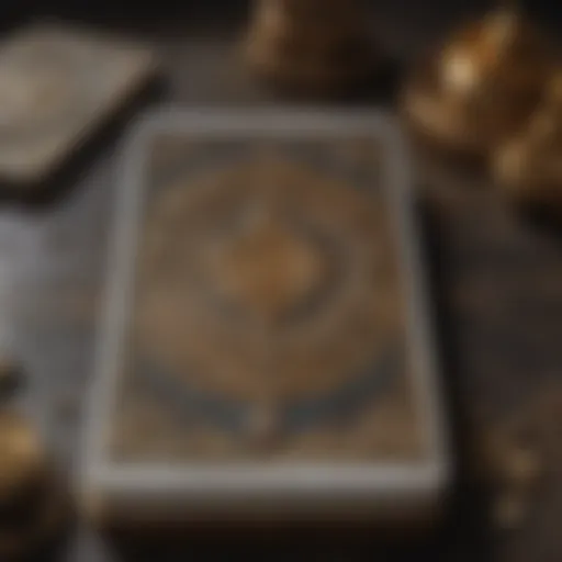 An ornate tarot card deck spread out on a richly textured surface