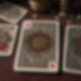 A detailed arrangement of playing cards displaying various suits and symbols.
