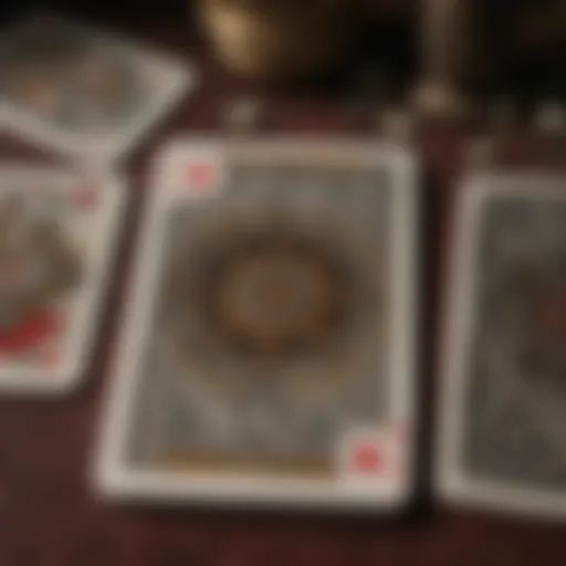 A detailed arrangement of playing cards displaying various suits and symbols.