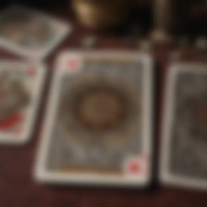 A detailed arrangement of playing cards displaying various suits and symbols.