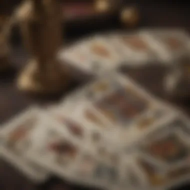 A close-up of a tarot spread using a standard deck of playing cards.