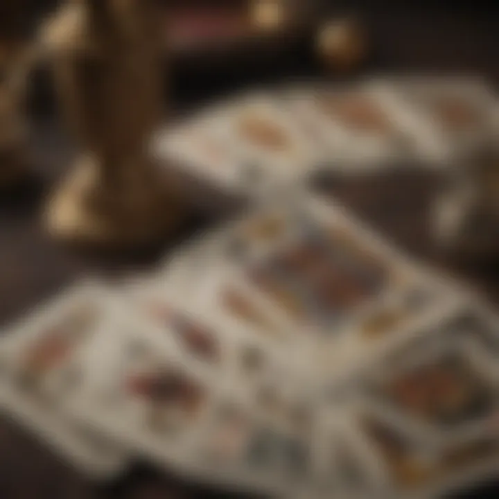 A close-up of a tarot spread using a standard deck of playing cards.