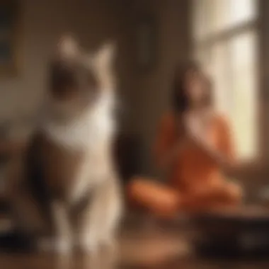 An artistic representation of a person meditating with a cat nearby.