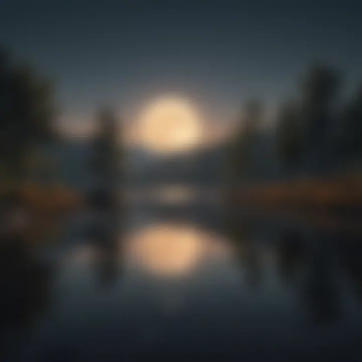 A serene landscape with a full moon casting reflections on a tranquil lake.