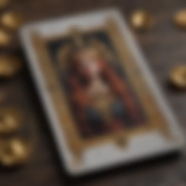 A close-up of a tarot card illustrating symbolic imagery