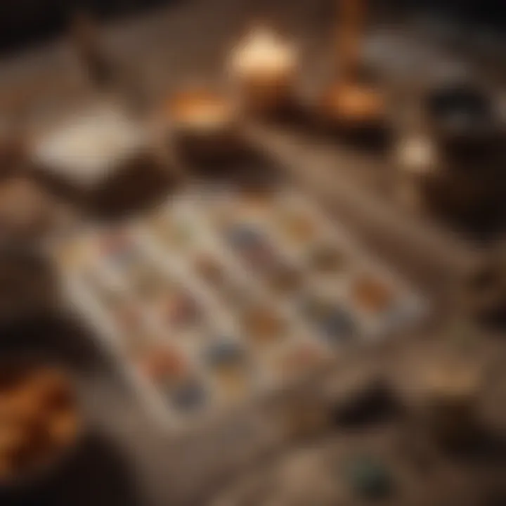 A close-up of a tarot card spread alongside yoga essentials like blocks and straps.
